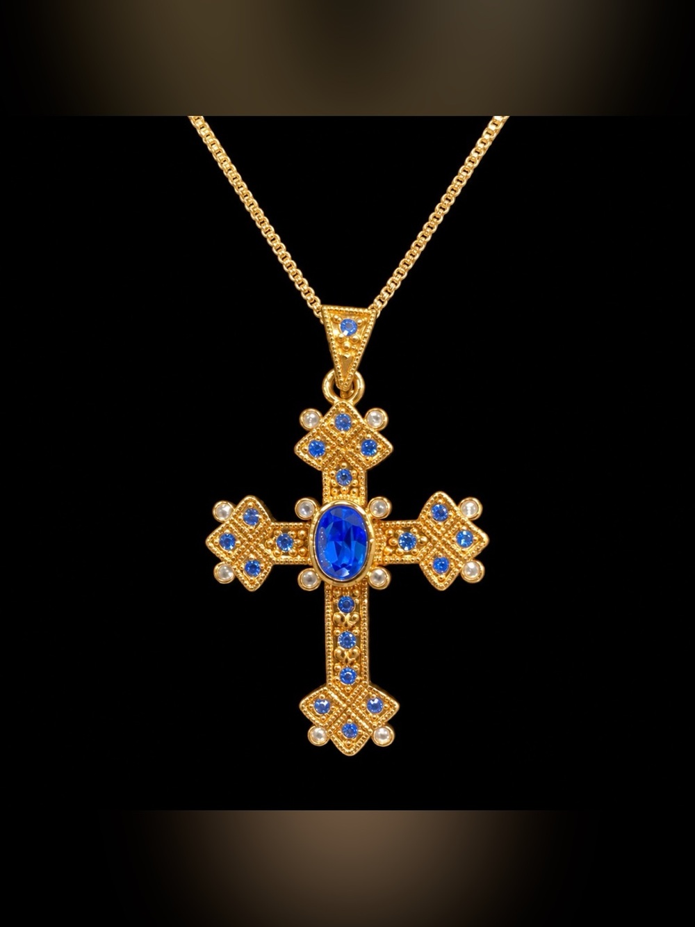 Camrose and Kross JBK Jacqueline Kennedy Blue Rhinestone Cross Pendant Necklace